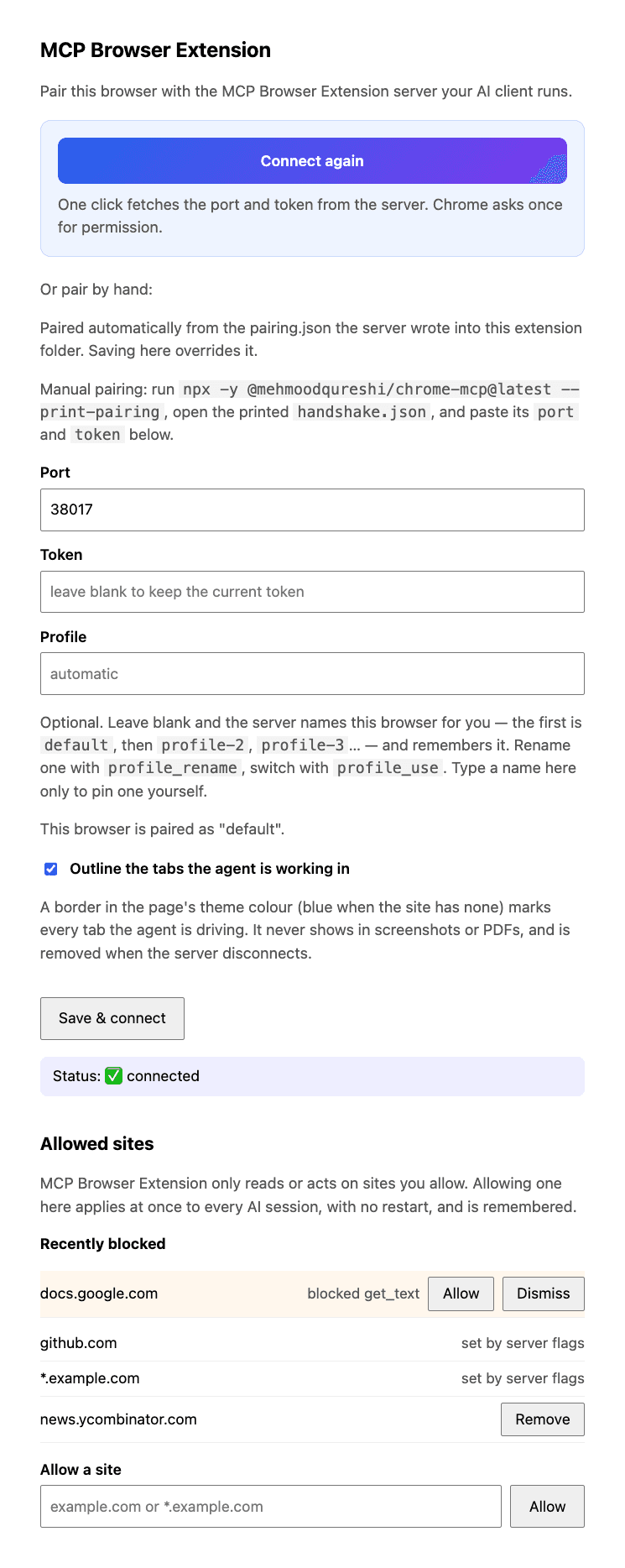 The extension's Settings page: a Connect button at the top, then the port and token fields, the outline toggle, the connection status, and the allowed sites list with a recently blocked site offering Allow.