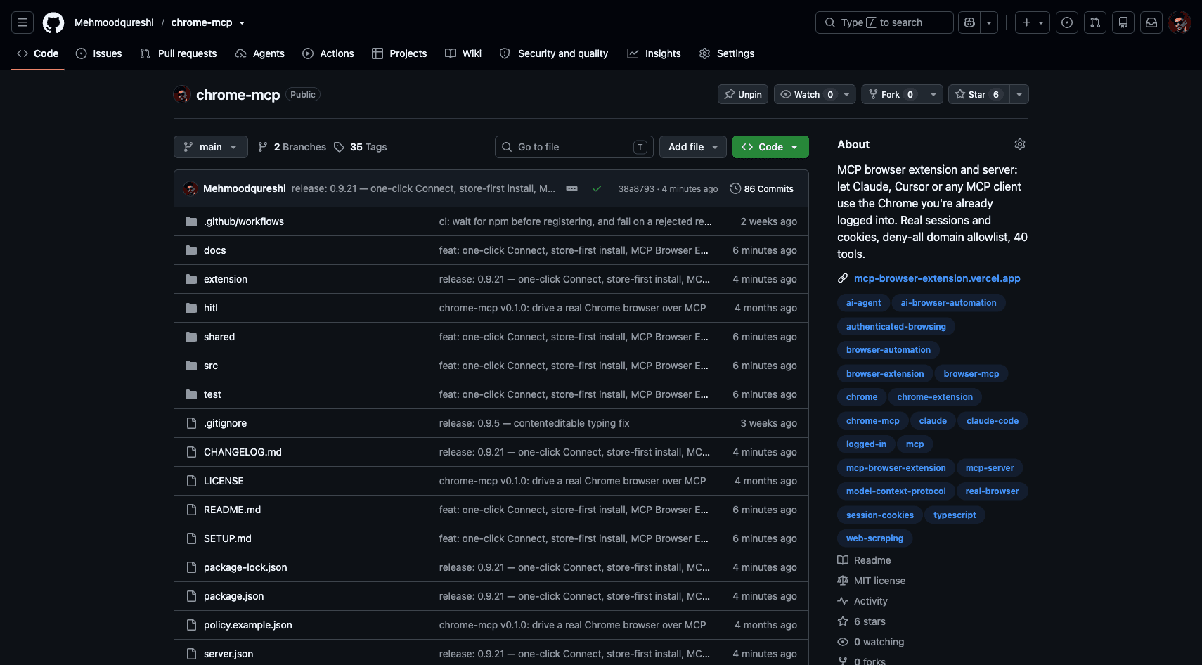 Screenshot the agent took of the chrome-mcp GitHub repository page while signed in: the Settings tab and the Unpin button are visible.