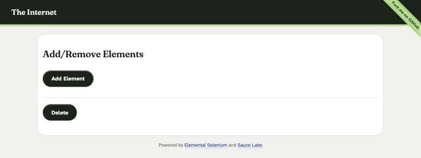 The public Add/Remove Elements page with its Add Element and Delete buttons visible after the agent changes the page.
