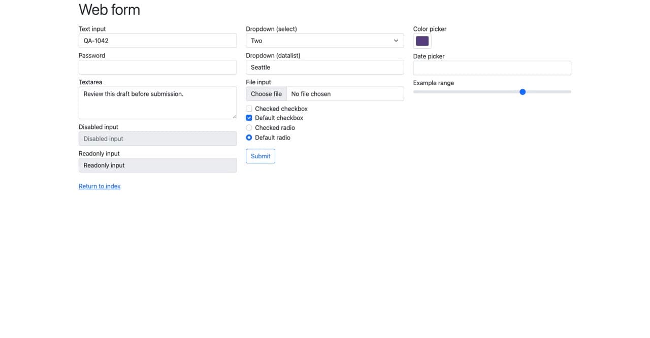 Public Selenium test form filled with synthetic record QA-1042, Seattle and option Two; the Submit button remains visible.