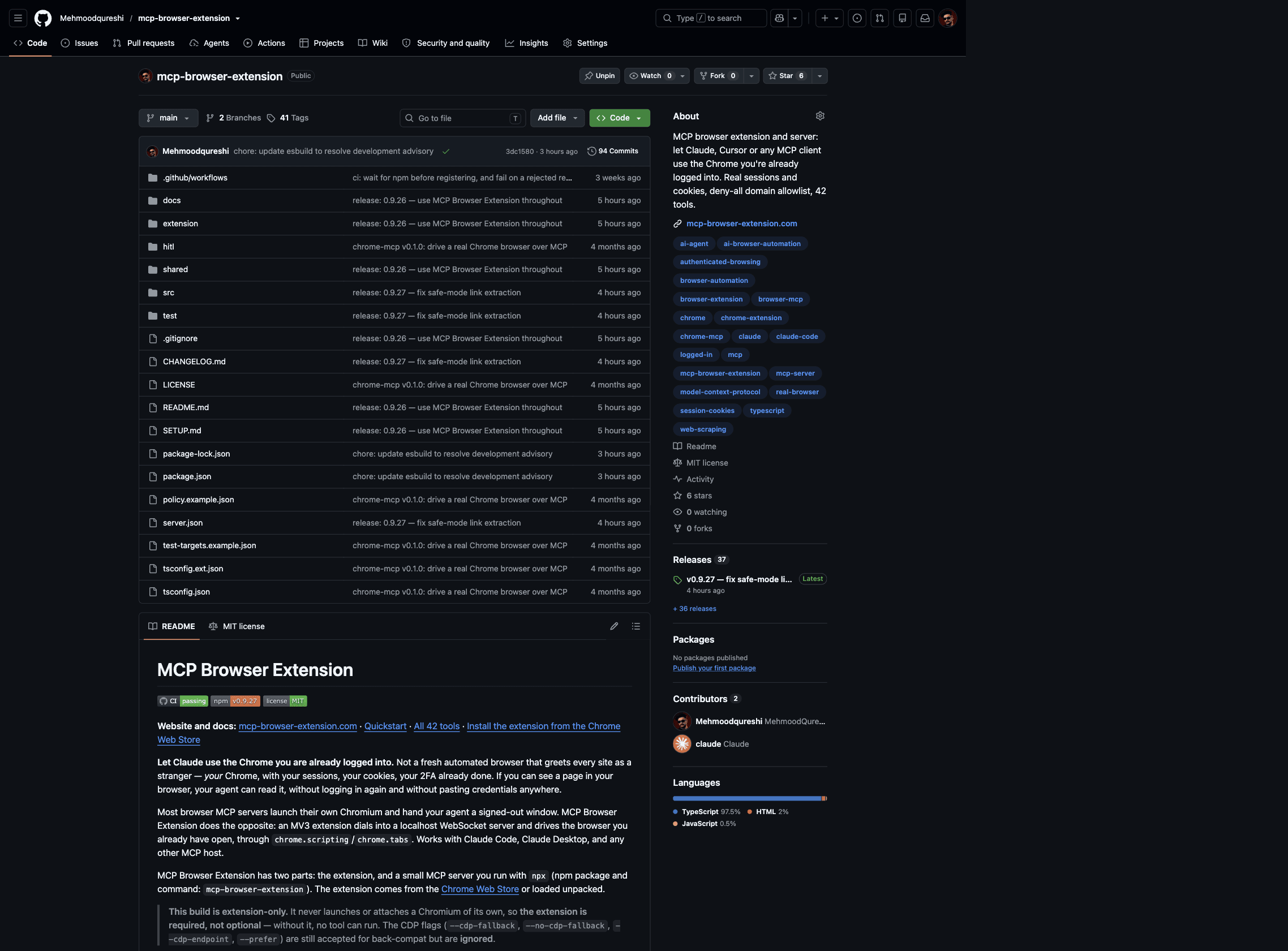 The renamed mcp-browser-extension repository in the owner’s signed-in Chrome, with Settings and Unpin visible.